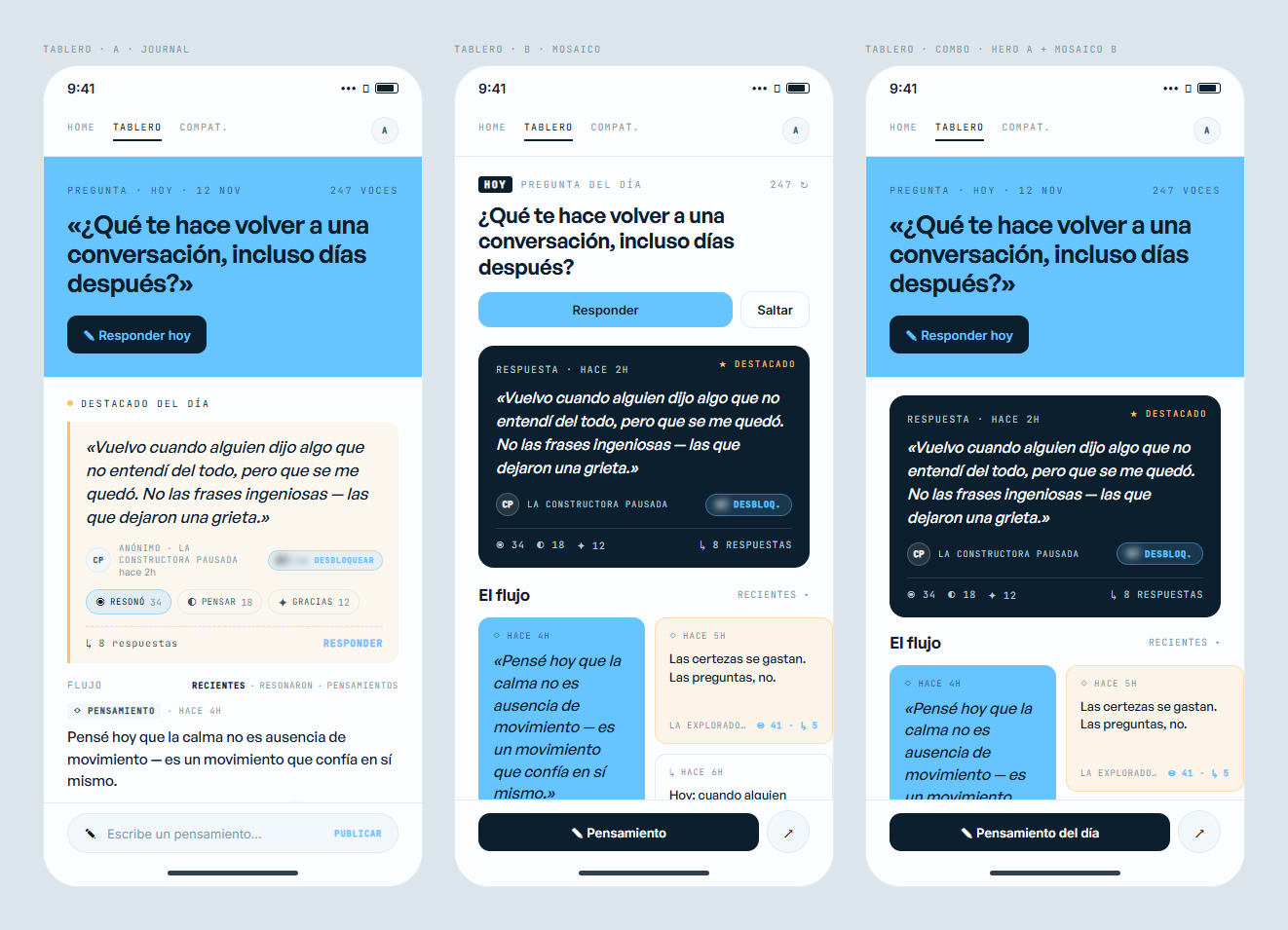 Las dos variantes del tablero y el combo elegido, con el destacado del día y el score bloqueado
