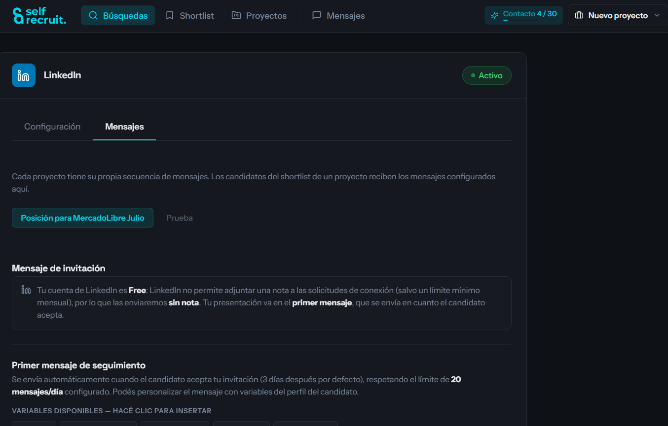 La secuencia del proyecto: la invitación sale sin nota y el pitch va en el mensaje siguiente
