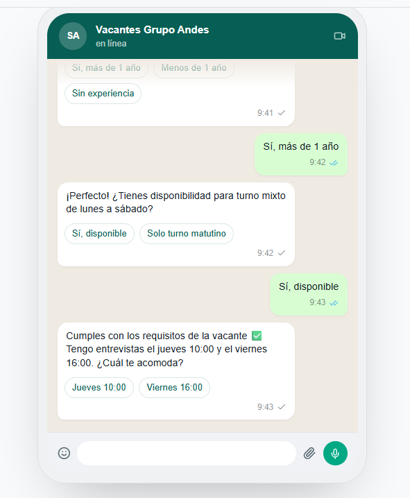 Maqueta del tramo medio: una pregunta por mensaje y las opciones a un toque